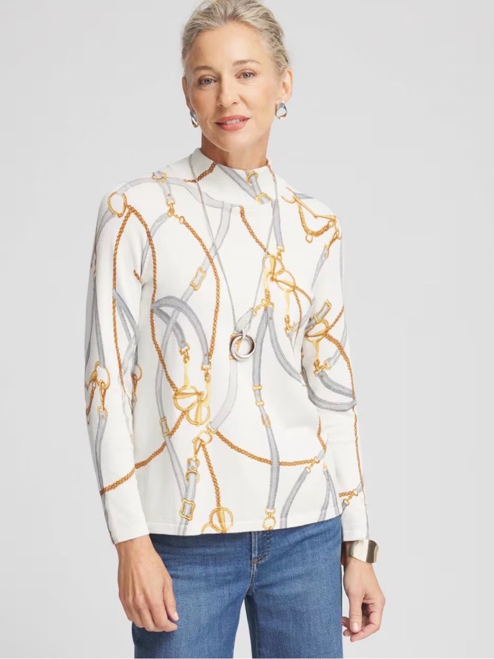 Chico's Shimmer Mockneck Pullover Sweater - Equestrian Status Print